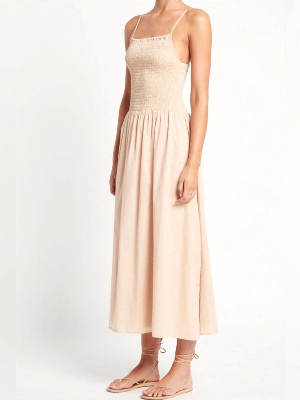 Faithfull The Brand Nolie Romantic Smocked Cotton Plain Sand  Midi Dress